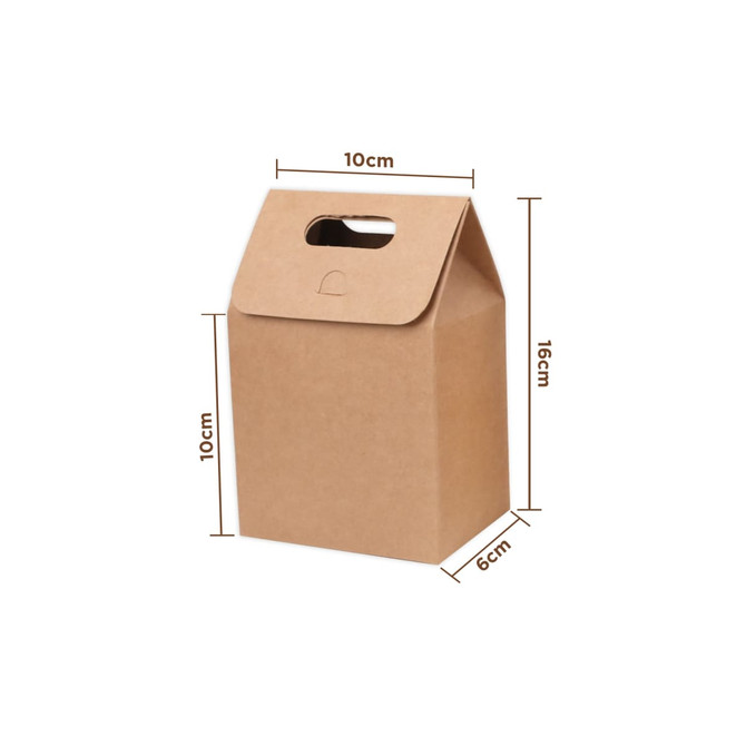 A small brown kraft paper portable box with a handle, featuring dimensions of 10cm x 10cm x 16cm.