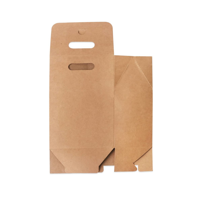 A small kraft paper portable box in a neutral brown colour, featuring a handle and folding flaps, with branding.