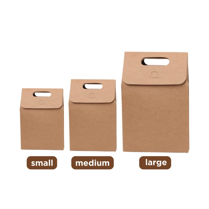 Three brown kraft paper boxes in small, medium, and large sizes, featuring top handles for easy carrying.