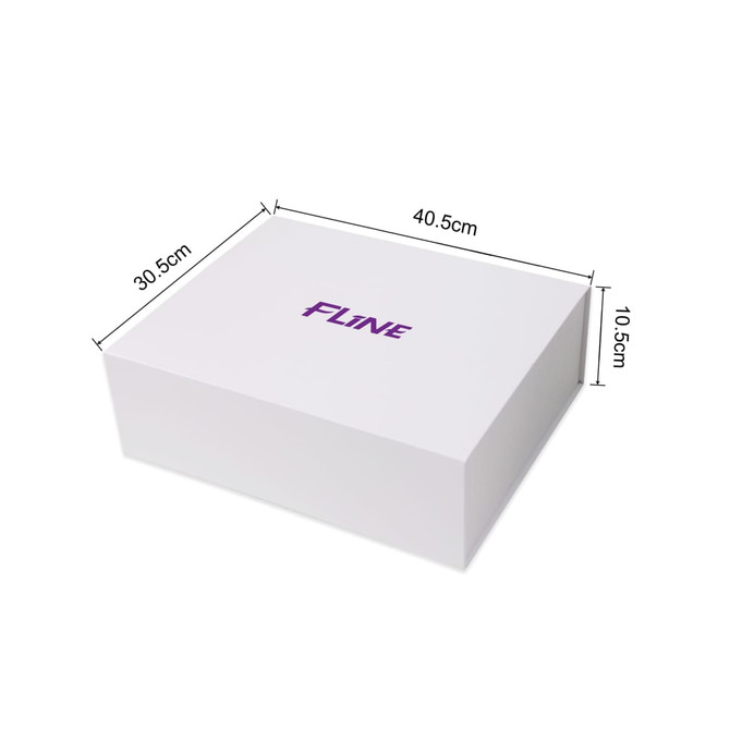 A large white foldable magnetic box with dimensions displayed. It features a logo on the top surface. A large white foldable magnetic box with dimensions displayed. It features a logo on the top surface.