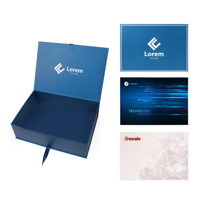 A blue custom gift box with an open lid, featuring branding, and matching printed cards inside.