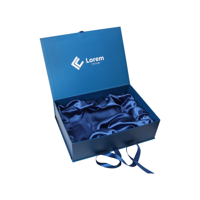 A blue custom gift box with a satin interior and a logo on the lid, featuring ribbon ties.