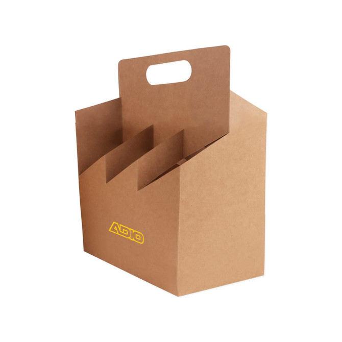 A brown portable wine box with sections for holding six bottles, featuring a handle and a logo. A brown portable wine box with sections for holding six bottles, featuring a handle and a logo.
