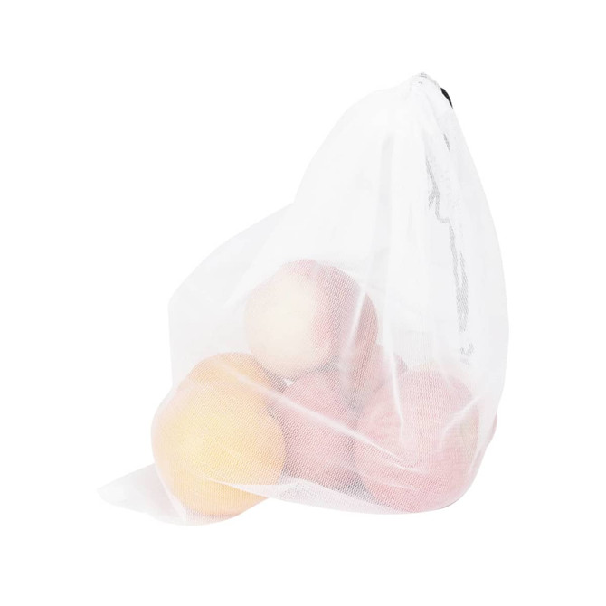 A white produce bag filled with several apples, featuring a drawstring closure and a logo.