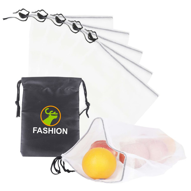 A set of five white produce bags with a black drawstring storage pouch, featuring a logo.