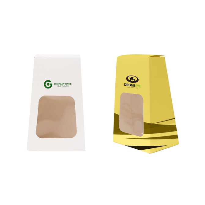 A trapezoidal box in white and yellow with a transparent window and a logo on each side.