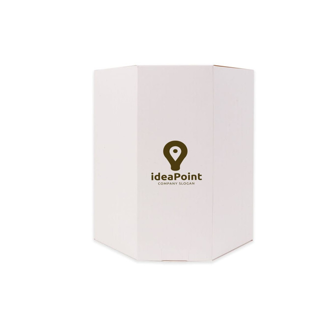 An octagonal white hat box featuring a branding logo on one side.