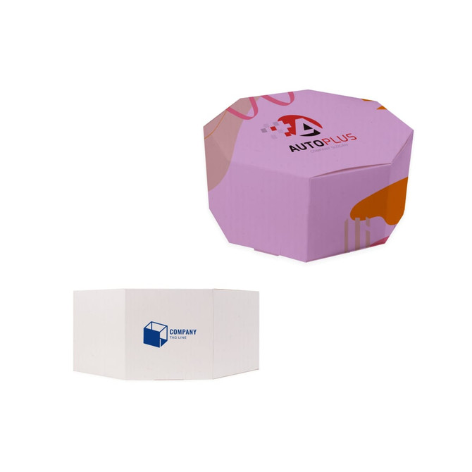 An octagonal kraft box in purple with abstract designs, alongside a plain white box featuring a logo. An octagonal kraft box in purple with abstract designs, alongside a plain white box featuring a logo.