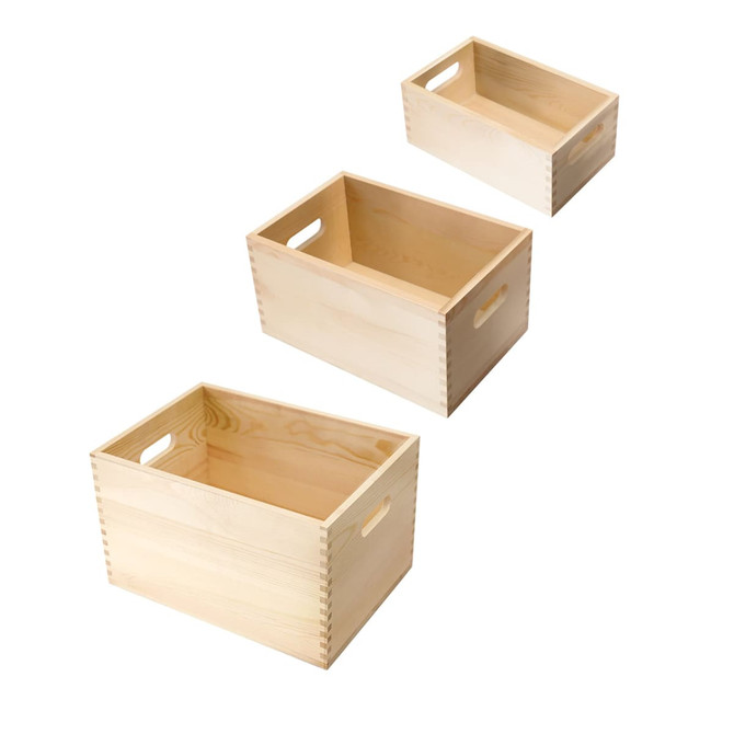 Three wooden storage boxes in light timber, varying in size, with open handles and a simple design. Three wooden storage boxes in light timber, varying in size, with open handles and a simple design.