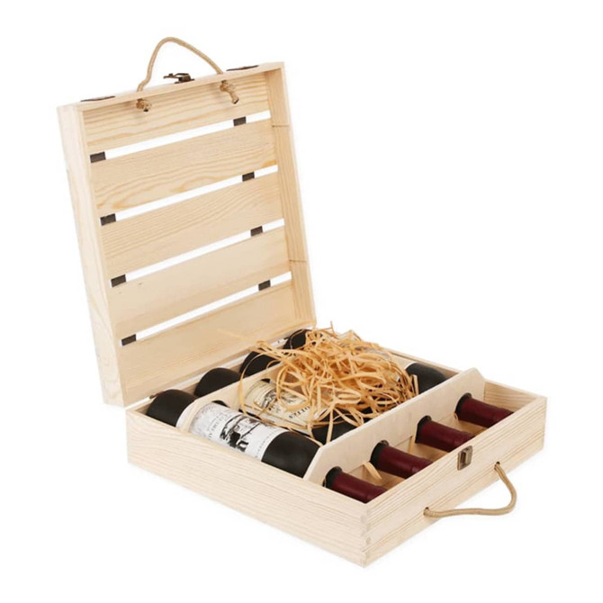 A wooden wine box in a light colour, containing four wine bottles and filled with straw. Features a logo on the side. A wooden wine box in a light colour, containing four wine bottles and filled with straw. Features a logo on the side.