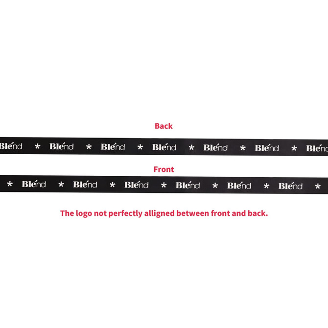 A ribbed fabric ribbon in black, displaying a repeated logo design on both sides with slight misalignment.