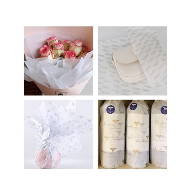 Kraft paper in various designs and uses, featuring floral arrangements and gift packaging in soft white and patterned prints.