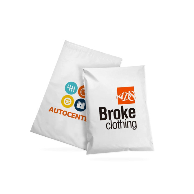 A small white biodegradable mailer bag featuring a logo and colourful icons on one side.