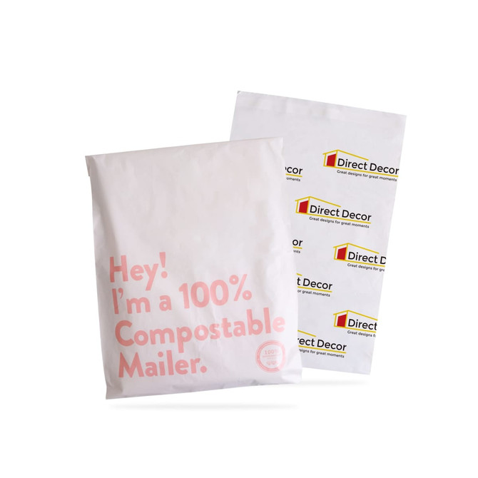 A medium biodegradable mailer bag in white with pink text and a logo pattern in the background.