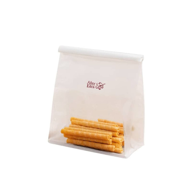 A clear bag filled with orange rolled snacks, featuring a logo on the front. The bag is sealed at the top. A clear bag filled with orange rolled snacks, featuring a logo on the front. The bag is sealed at the top.