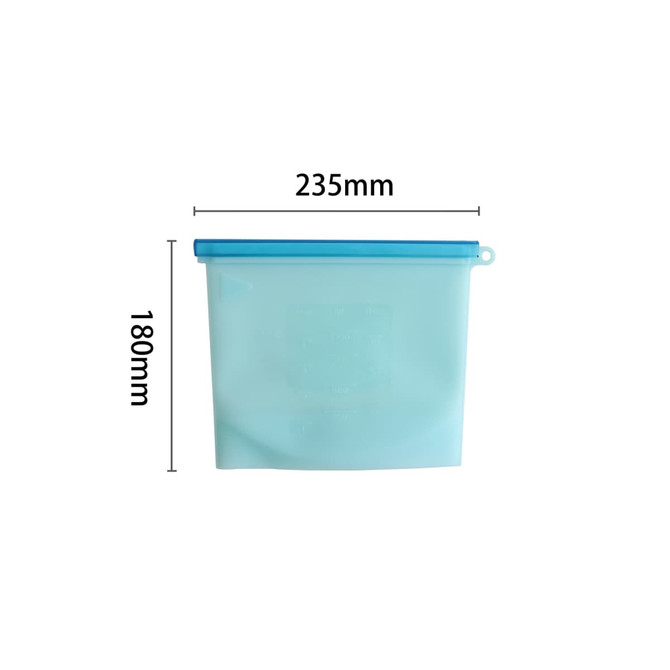 A silicone reusable storage pouch in a light blue colour, measuring 235mm by 180mm. Features a sealing strip and branding.