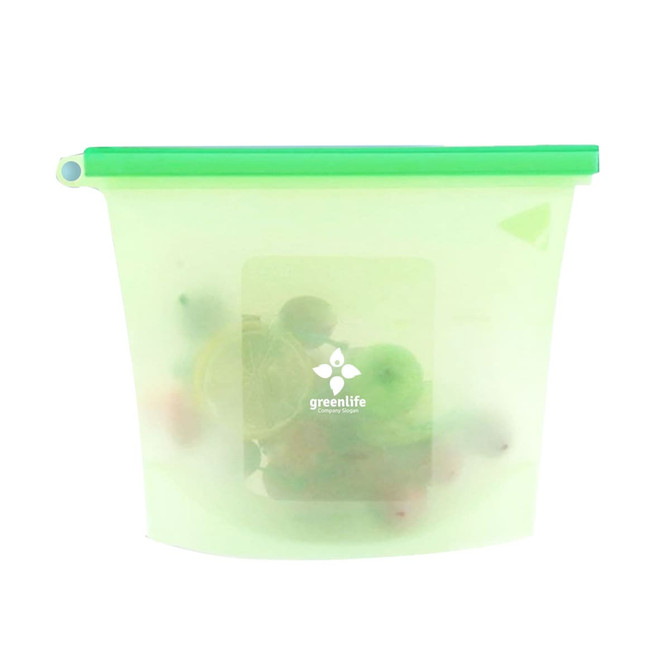 A silicone reusable storage pouch in translucent green and white, featuring a branded logo and a zip closure.
