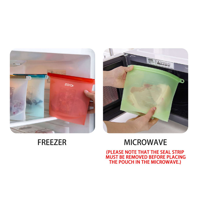 A silicone reusable storage pouch in green, shown in a freezer and microwave, featuring a logo and a seal strip.