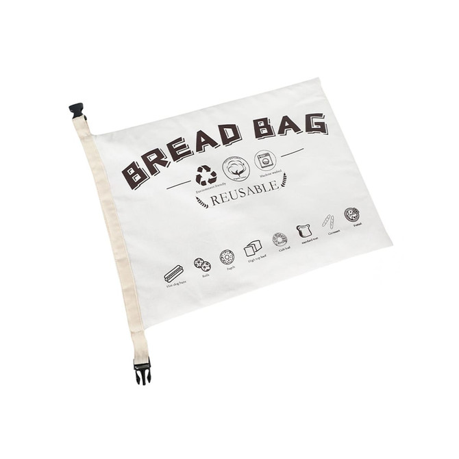 A reusable linen bread bag in natural colour features various icons and a logo, secured with a toggle closure. A reusable linen bread bag in natural colour features various icons and a logo, secured with a toggle closure.