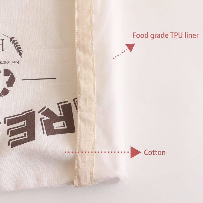 A reusable linen bread bag featuring a cotton exterior and food-grade TPU liner. The bag has a neutral colour scheme. A reusable linen bread bag featuring a cotton exterior and food-grade TPU liner. The bag has a neutral colour scheme.
