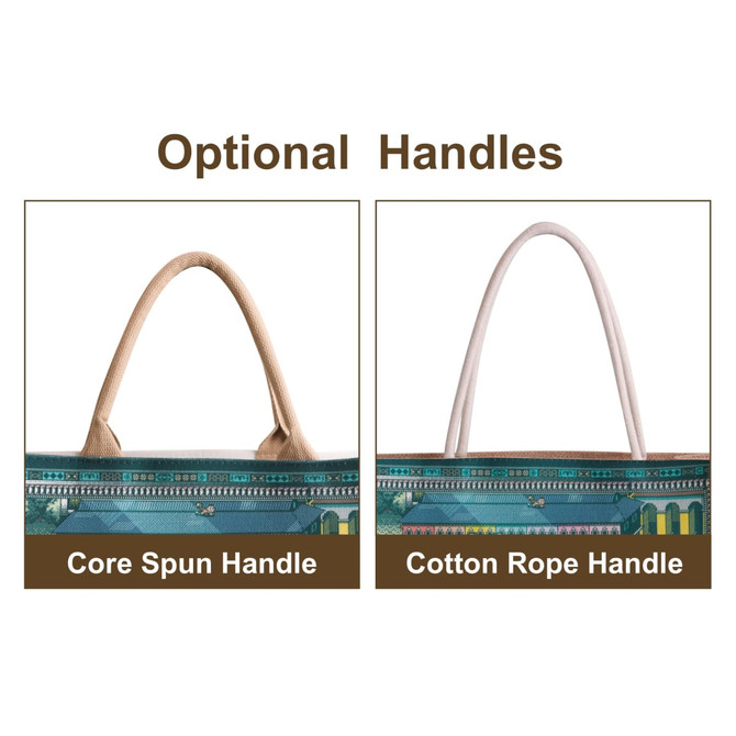 Two optional handles for a tote bag: one in core spun material and the other in cotton rope, displayed in varying styles. Two optional handles for a tote bag: one in core spun material and the other in cotton rope, displayed in varying styles.