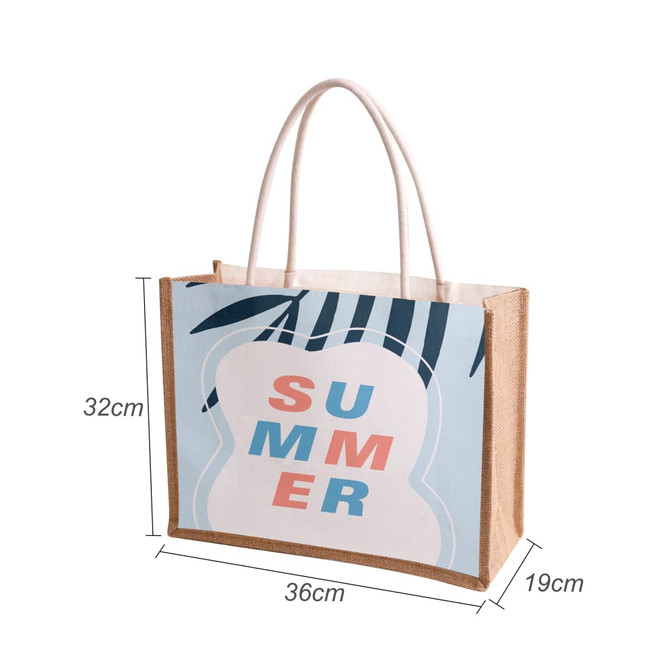A canvas and jute tote bag in blue and beige, featuring a vibrant design with the word "SUMMER" and a logo.