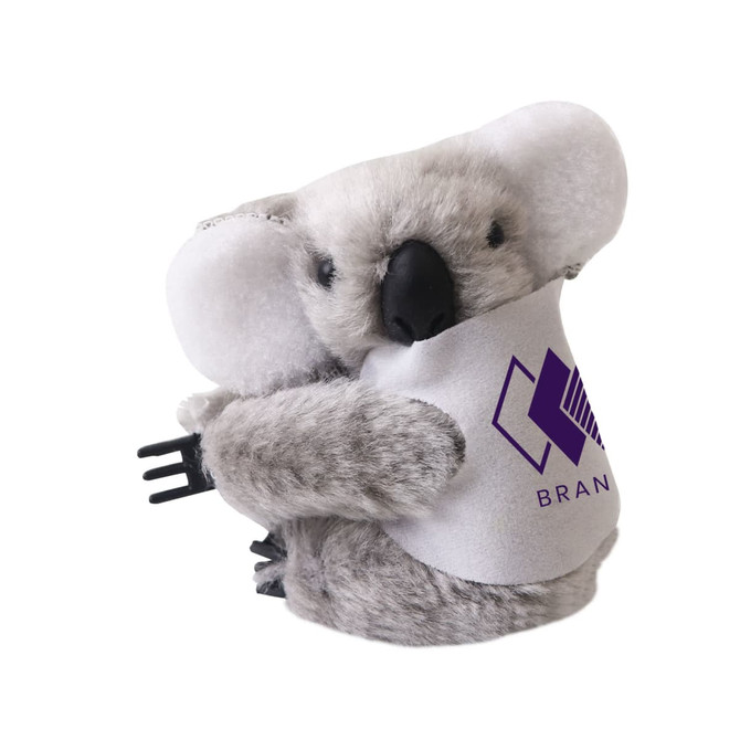 A grey koala plush toy with white ears and a branding logo, shaped to grip onto objects.