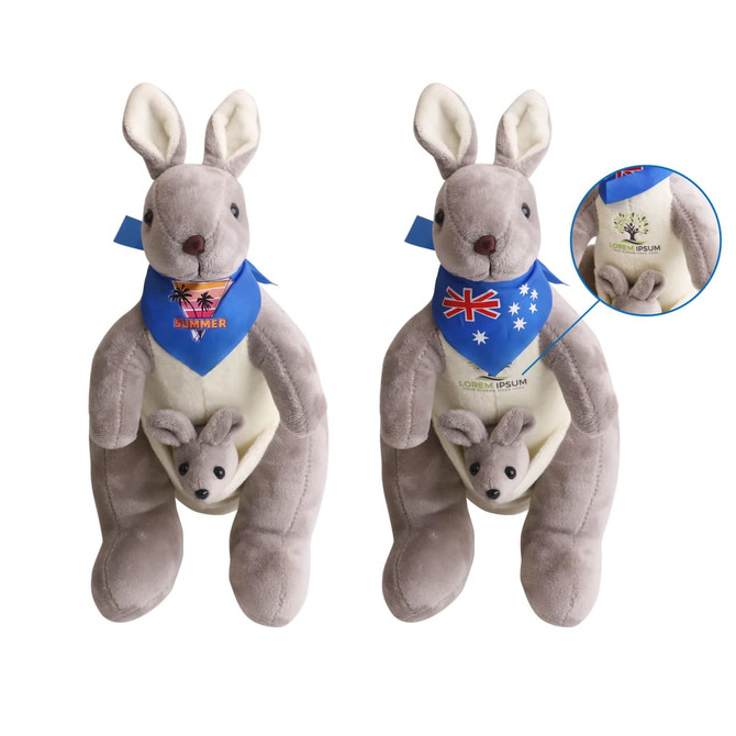A soft grey kangaroo plush toy with a pouch containing a smaller kangaroo, featuring a blue scarf with a logo.