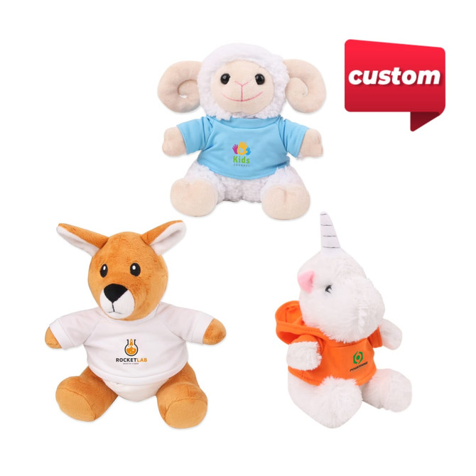 Three custom shape plush toys: a sheep, kangaroo, and unicorn, each in colourful outfits and featuring branding.