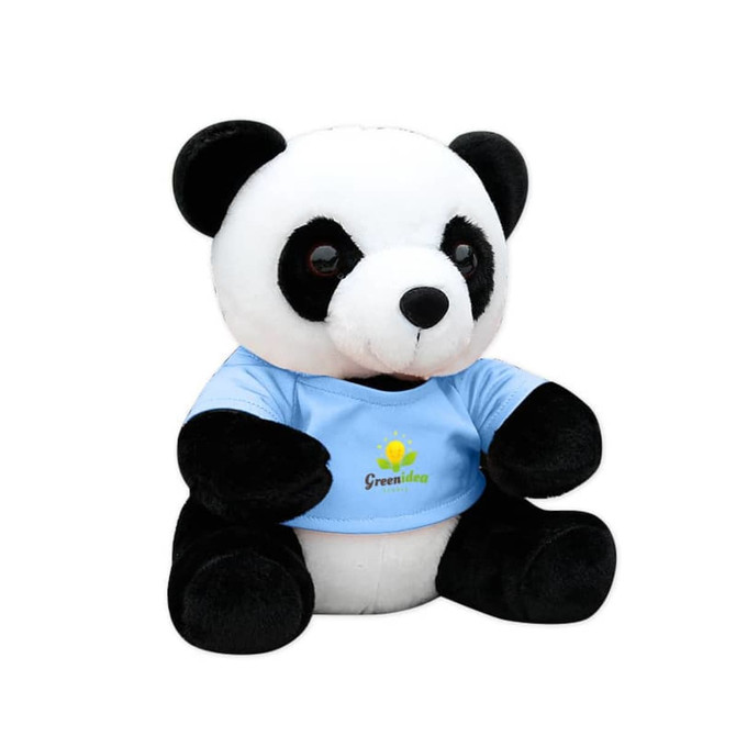 A plush panda toy with black and white fur, wearing a light blue shirt and featuring a small logo.