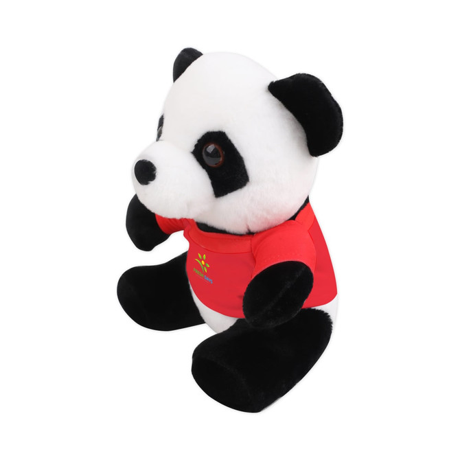 A panda plush toy featuring black and white fur, wearing a red shirt, with a rounded body and soft texture.