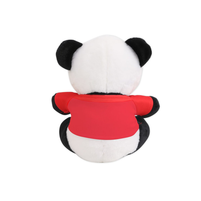 A plush panda toy with black and white fur, wearing a red shirt, viewed from the back.