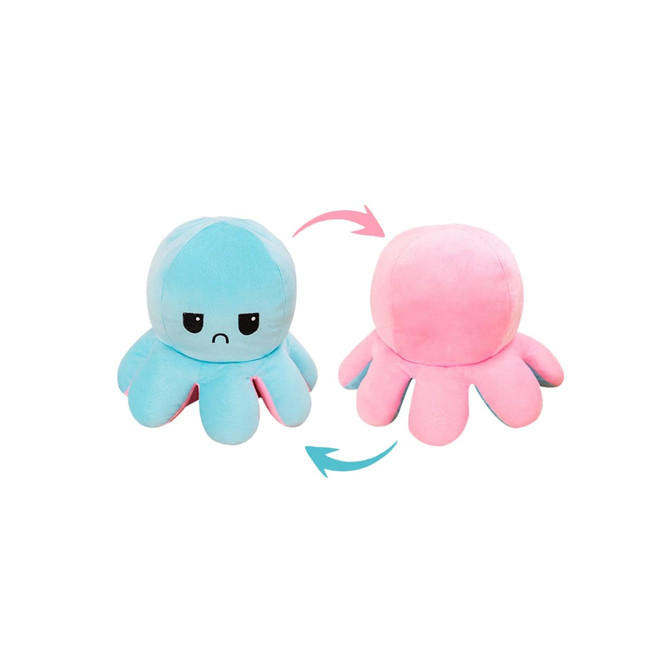 A large reversible plush octopus toy in blue and pink, featuring a cute design with contrasting expressions.