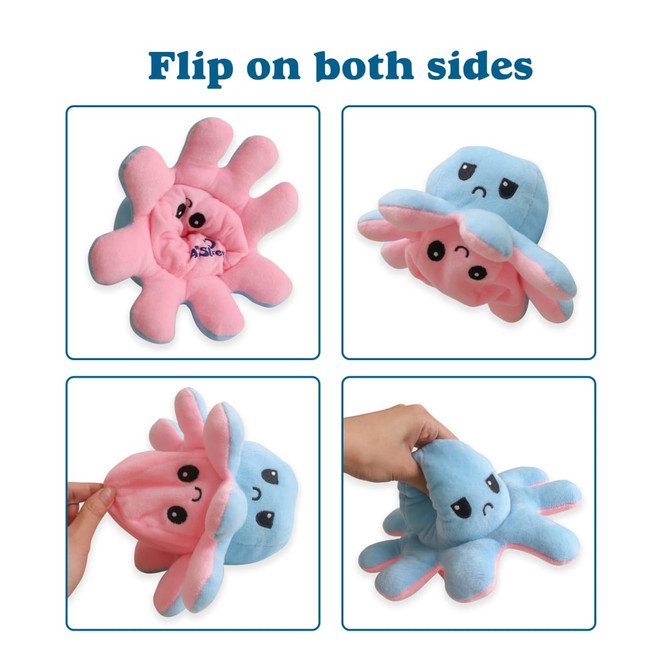 A large reversible plush toy featuring a pink and blue octopus design, displaying different facial expressions on each side.