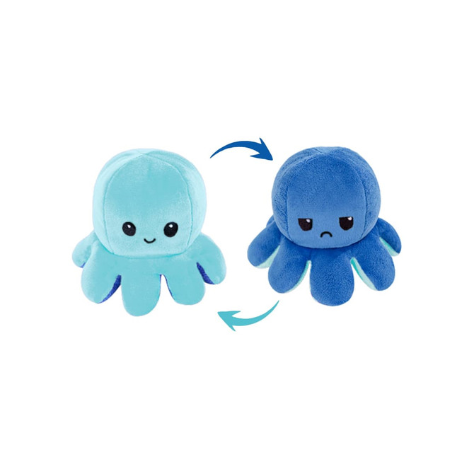 A plush toy featuring a reversible octopus design in light blue and dark blue, displaying different facial expressions.