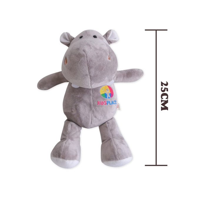 A grey hippopotamus plush toy, measuring 25 cm, with a colourful logo on its chest.