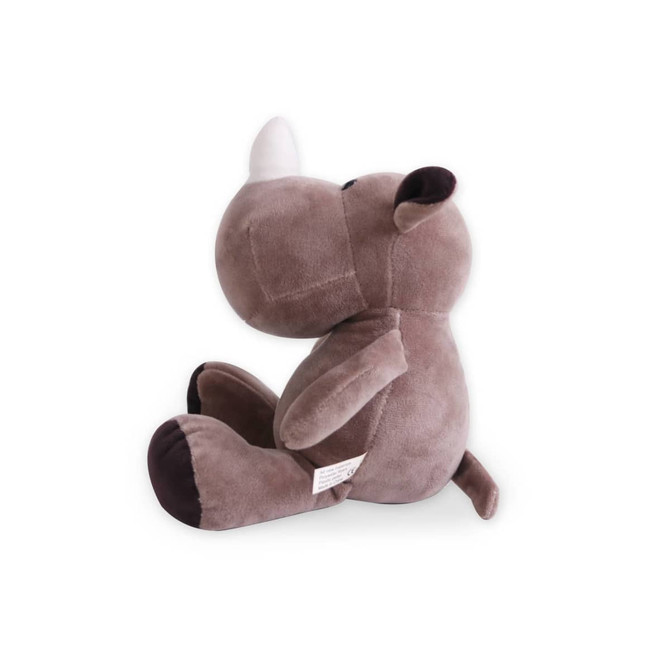A grey and brown rhino plush toy, featuring a round body and small ears, sitting with a soft, cuddly appearance.