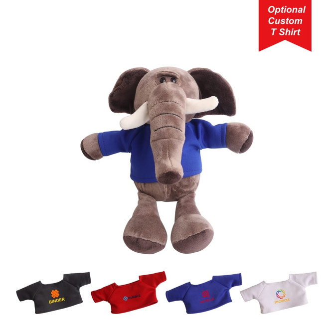 A plush elephant toy in brown, wearing a blue T-shirt, with various other T-shirts displayed beside it.