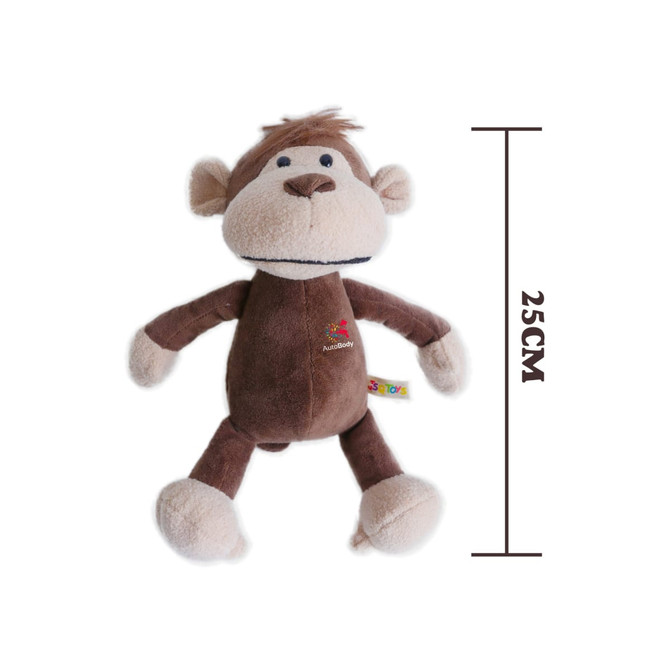 A brown monkey plush toy with embroidered features and a hanging tag, measuring 25 cm in height. A brown monkey plush toy with embroidered features and a hanging tag, measuring 25 cm in height.