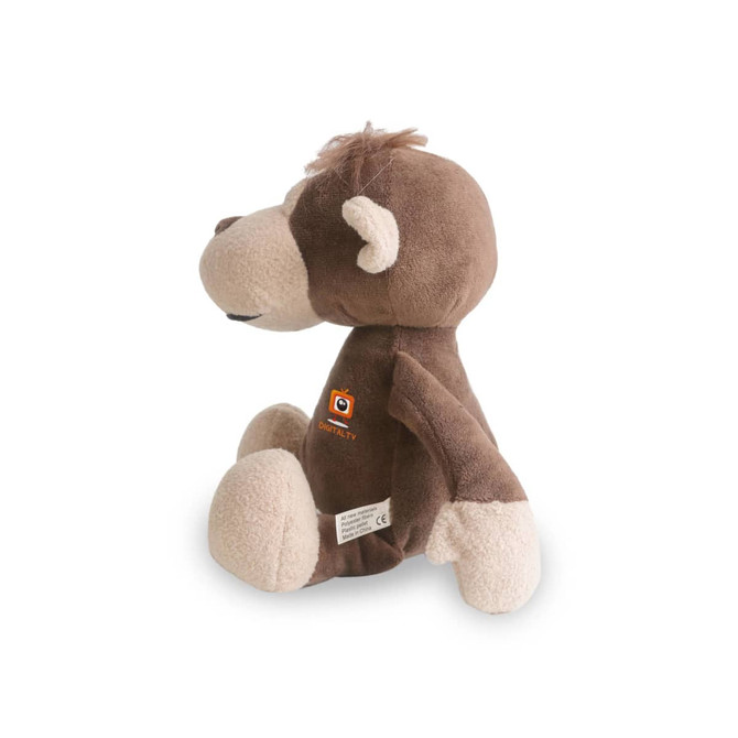 A brown monkey plush toy with light tan accents, featuring a logo on its side. A brown monkey plush toy with light tan accents, featuring a logo on its side.