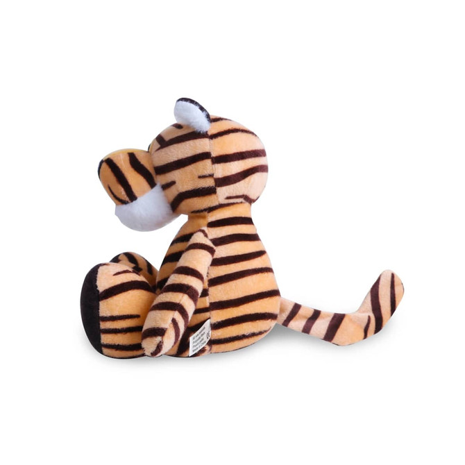 A plush tiger toy in orange and black stripes, featuring a soft texture and a small tail. It has a logo on the bottom.