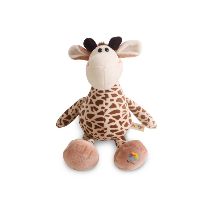 A plush giraffe toy in brown and cream, featuring large ears and a friendly expression, with a small brand tag.