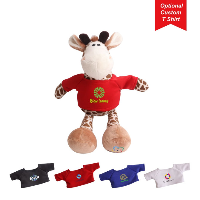 A giraffe plush toy with a light brown body, dark brown spots, and a red T-shirt featuring a logo.