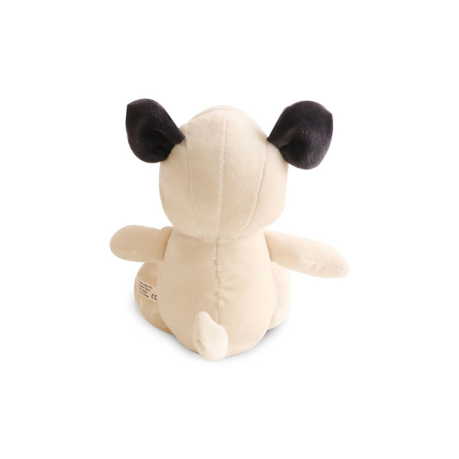 A beige plush dog toy with black ears, featuring a soft, rounded body and a small tail. It has a branding logo on the back. A beige plush dog toy with black ears, featuring a soft, rounded body and a small tail. It has a branding logo on the back.