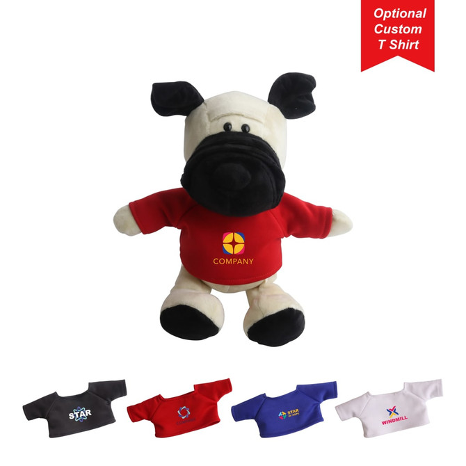 A plush dog toy with black and cream fur, wearing a red customisable T-shirt. Includes alternative T-shirt options in various colours. A plush dog toy with black and cream fur, wearing a red customisable T-shirt. Includes alternative T-shirt options in various colours.