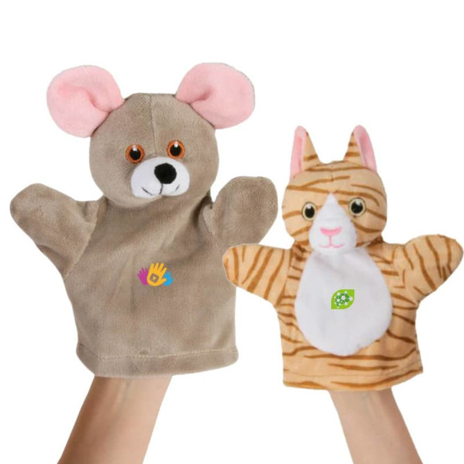 Two custom shape hand puppets, one brown mouse with pink ears and one orange striped cat with a white belly. Both have branding.
