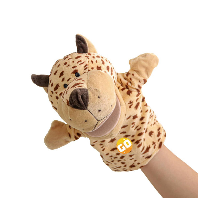 A leopard hand puppet in shades of tan and brown with a soft plush texture, featuring ears and a snout.