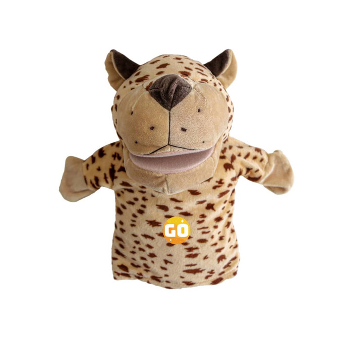 A plush leopard hand puppet in brown with black spots, featuring a smiling mouth and ears. It has a logo on it.