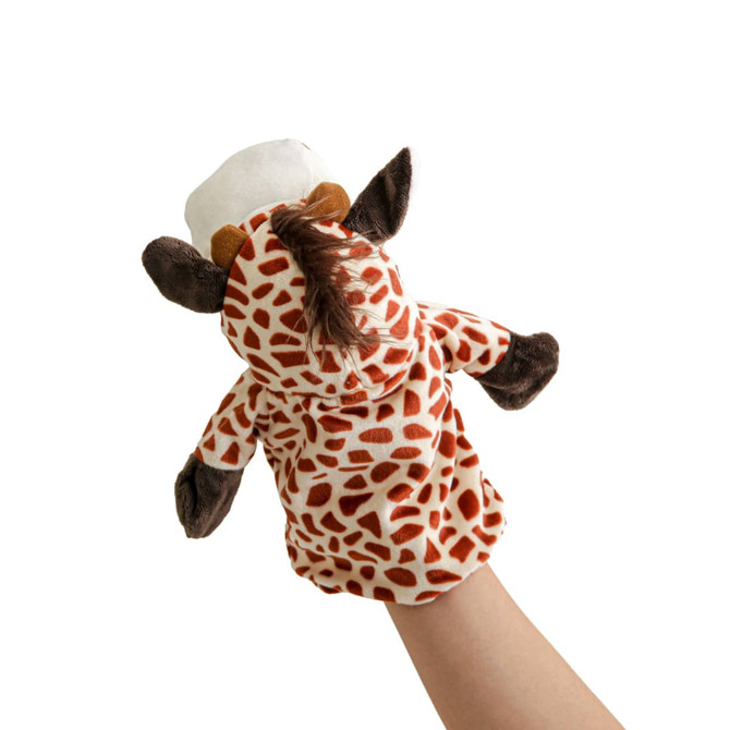 A playful giraffe hand puppet with brown and cream spots, held by a hand. Features soft ears and a tufted mane.