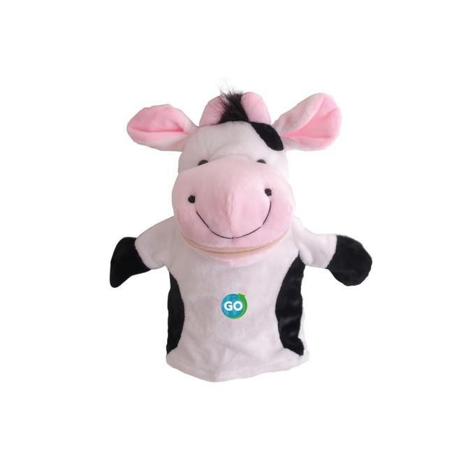 A plush cow hand puppet featuring a white body with black spots and pink ears. It has a smiling face and a logo.